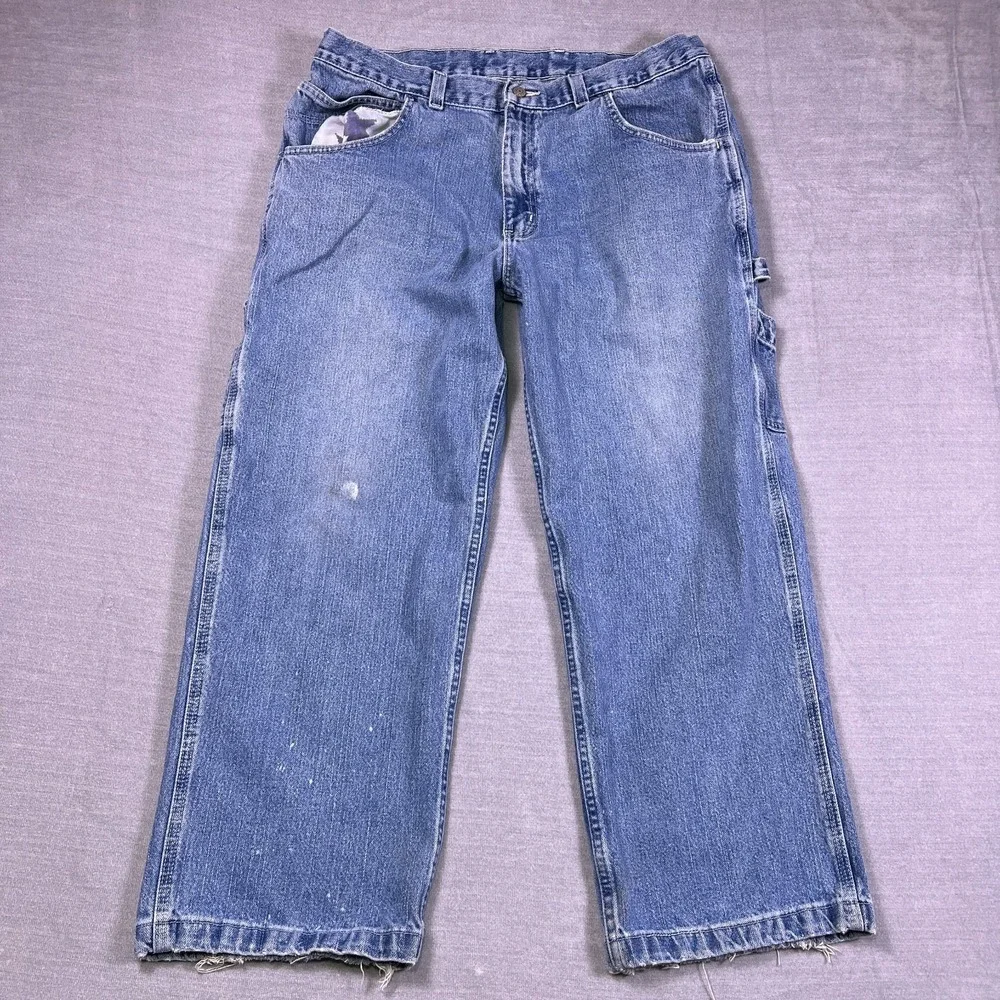 VTG Faded Glory Men's‎ Blue Denim Distressed Wide Leg Carpenter Jeans Size 38x30
